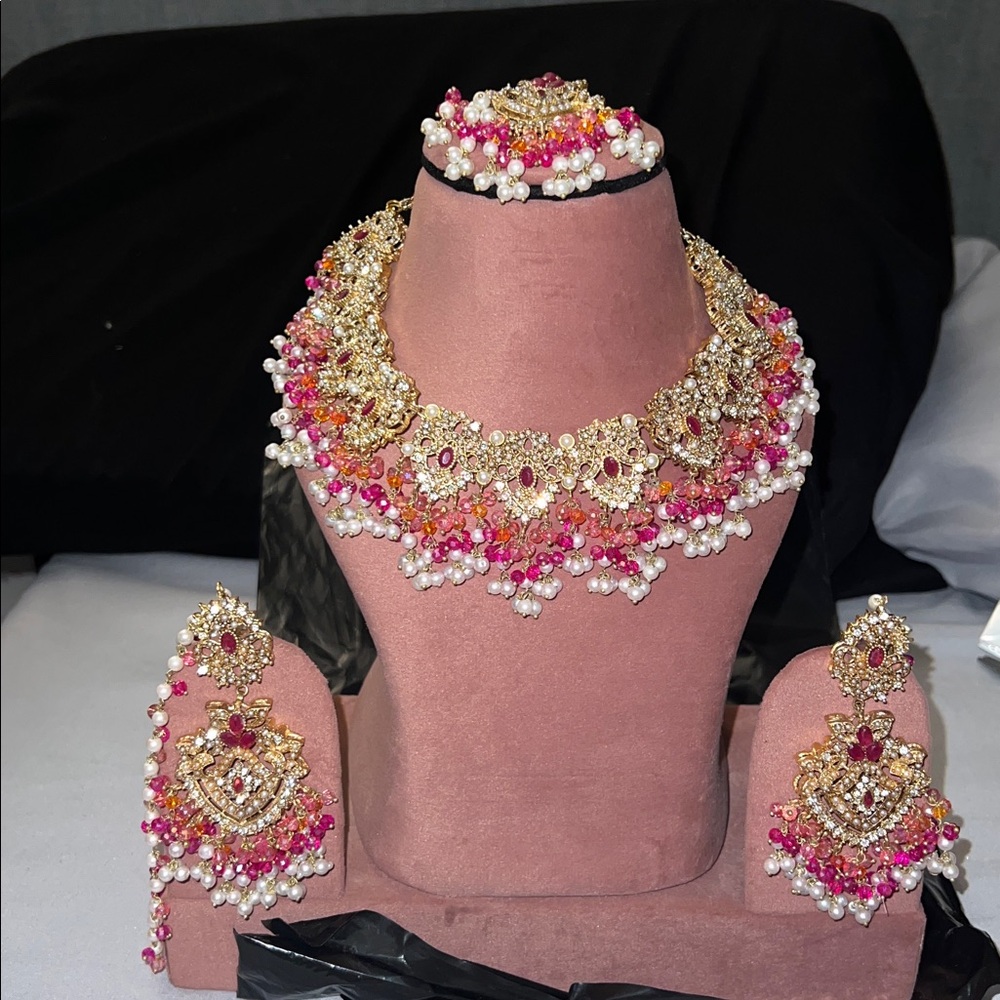 Gold and Pink Beaded statement Jewelry Set